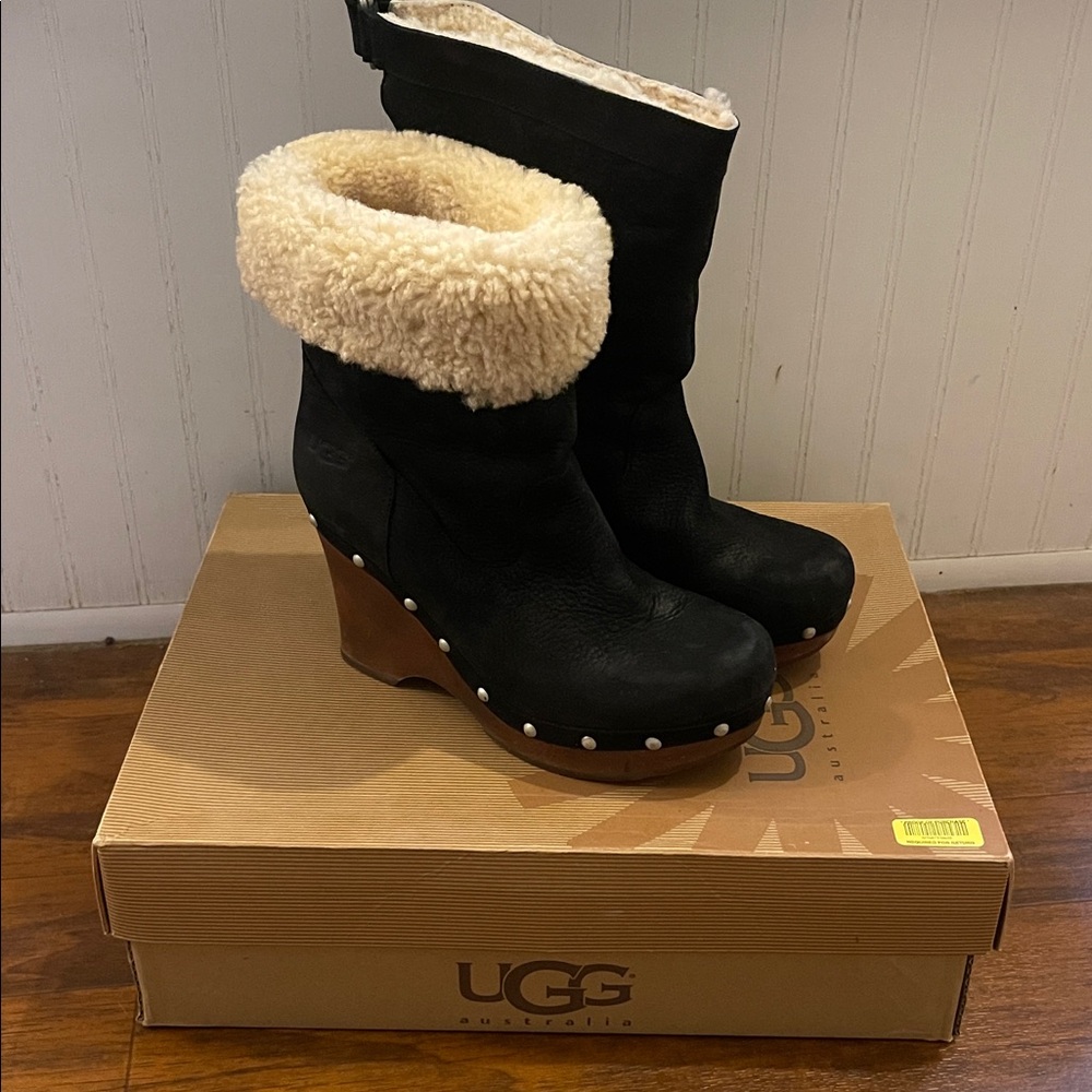 UGG Black and Cream Shearling Wedge Boots